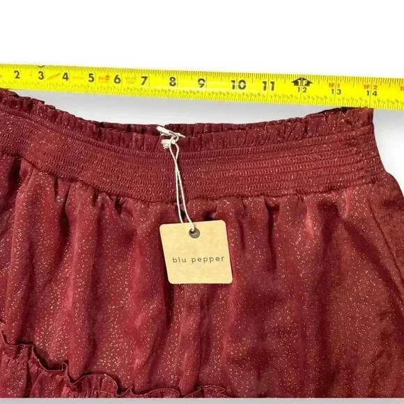 NWT Blu Pepper Gold Sparkled Burgundy Knee Length Tiered Flowy Size Lg Skirt - Picture 10 of 15